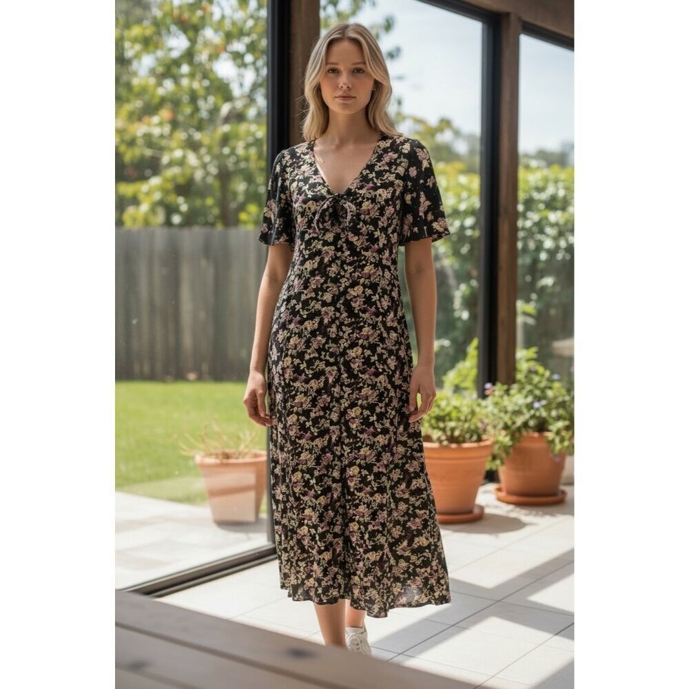Vintage 90s Black Floral Grunge Wide Leg Jumpsuit Casual Corner